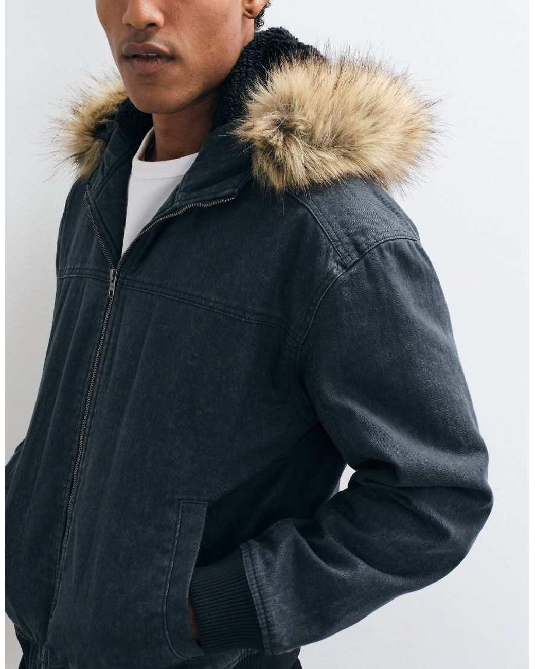 Hollister Blue Heavyweight Hooded Bomber Jacket for men