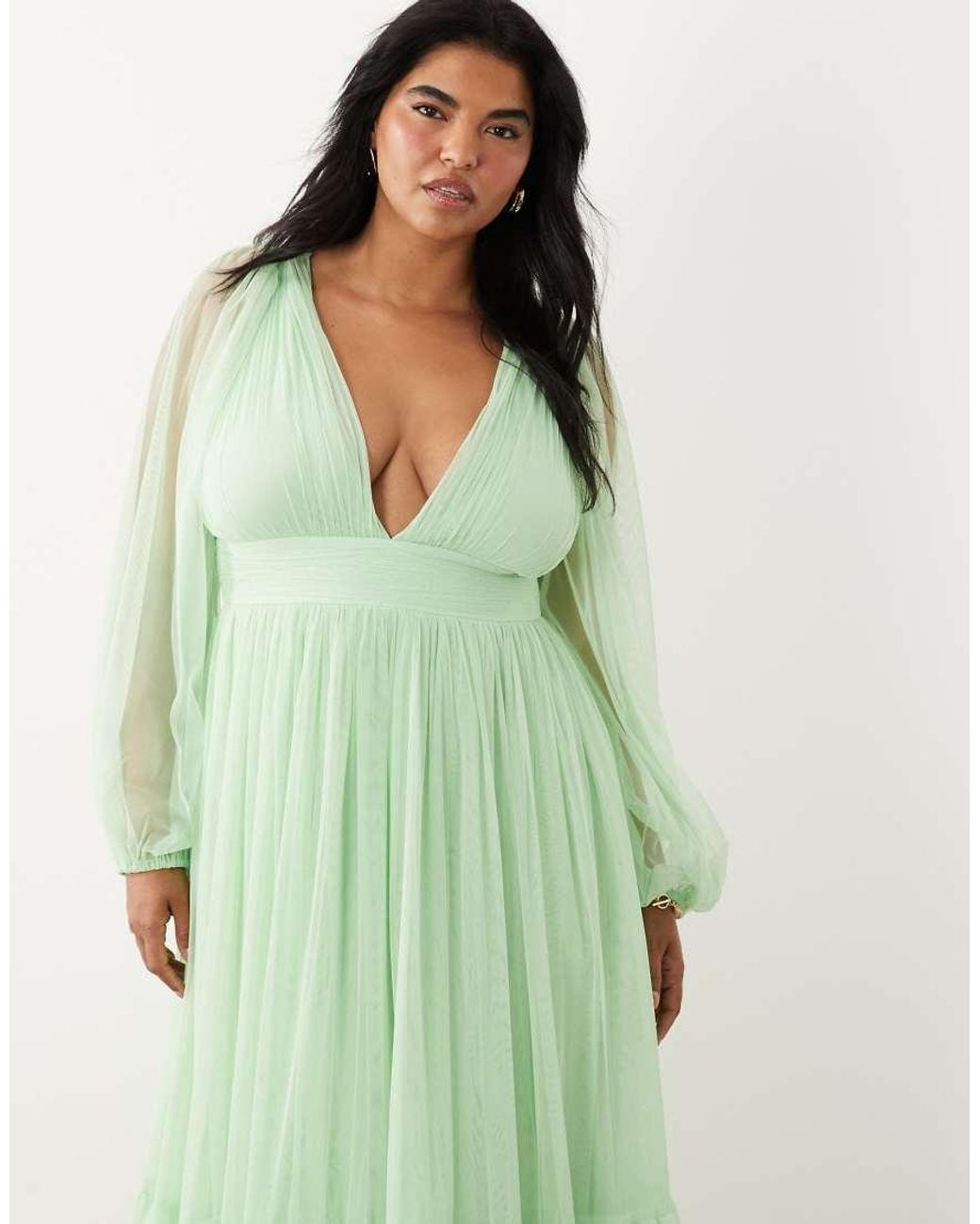Lace & Beads Plus Green Bridesmaid Madison Smocked Plunge Neck Sheer Sleeve Maxi Dress