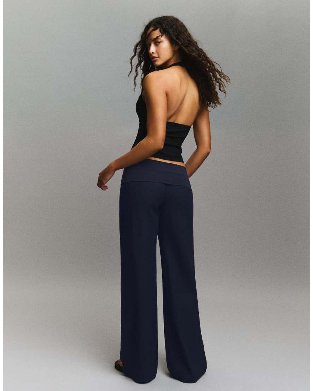 Bershka Blue Turn-up Waist Trousers