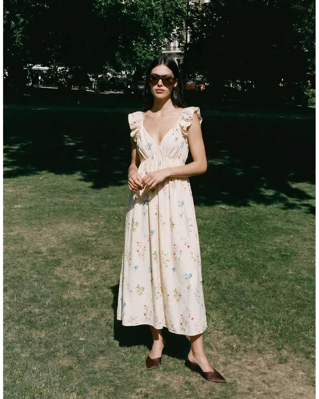 Vero Moda Natural Ruffle Shoulder V Neck Maxi Dress