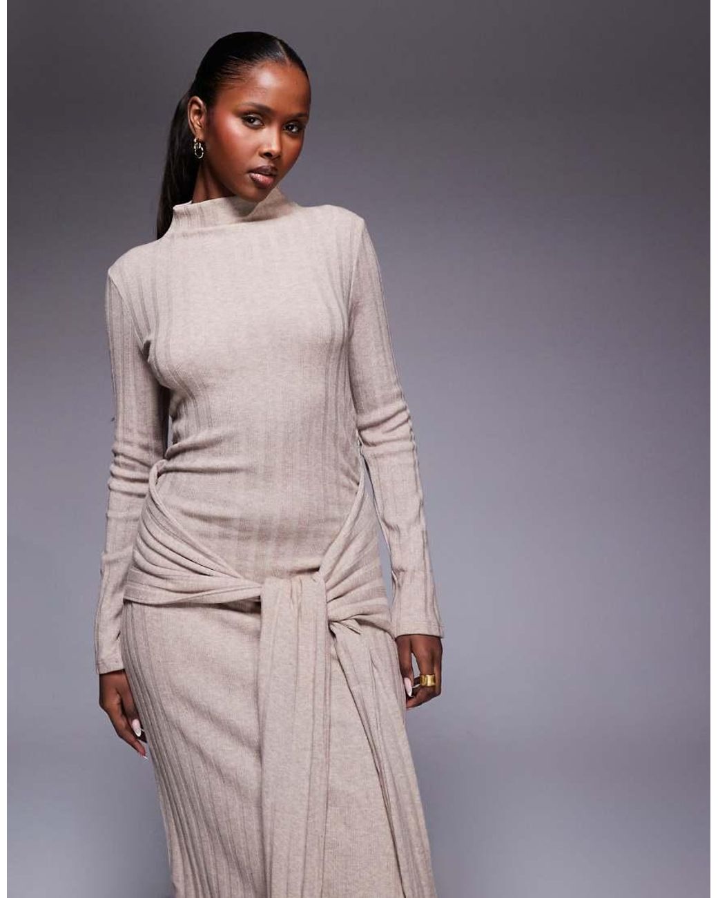 ASOS Natural Ribbed High Neck Tie Front Midi Dress