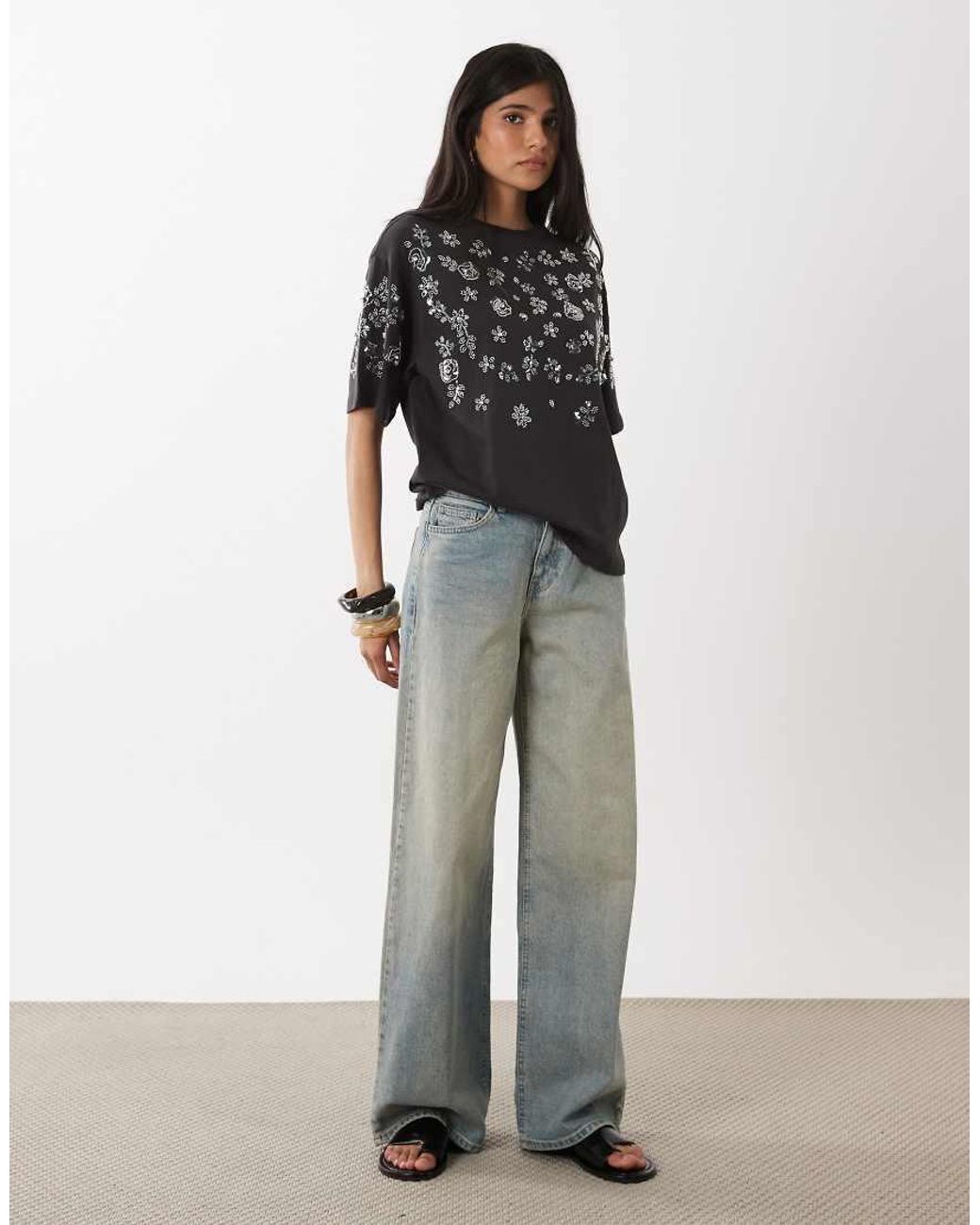 Miss Selfridge Black Festival Embellished Oversized Tee