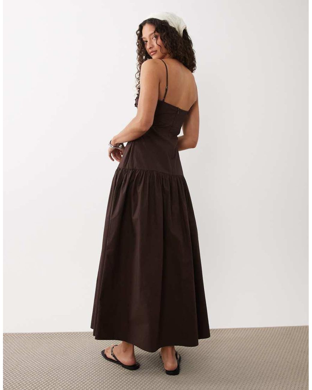 ASOS Brown Dropped Waist Maxi Dress With Floral Cornelli