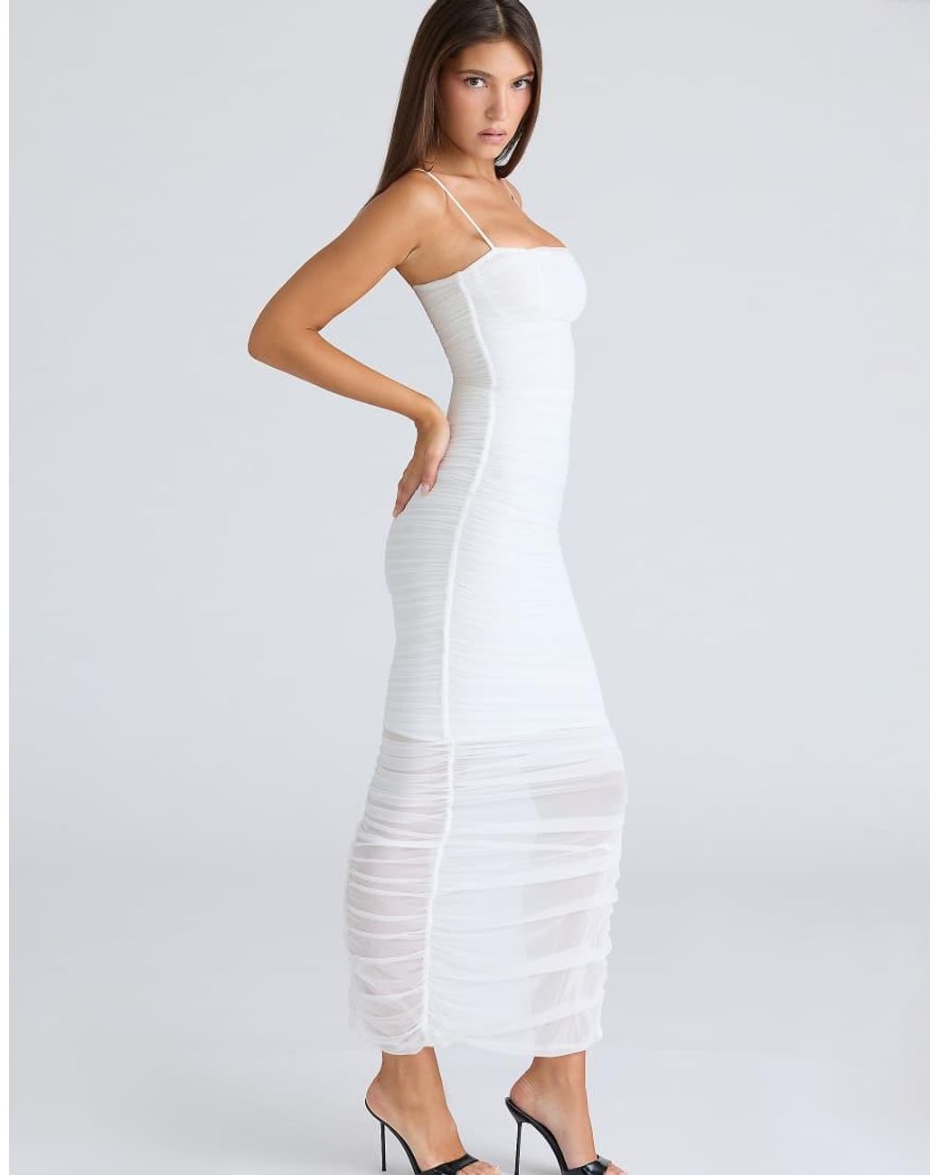 House Of Cb White Fornarina Gathered Stretch Mesh Midi Dress