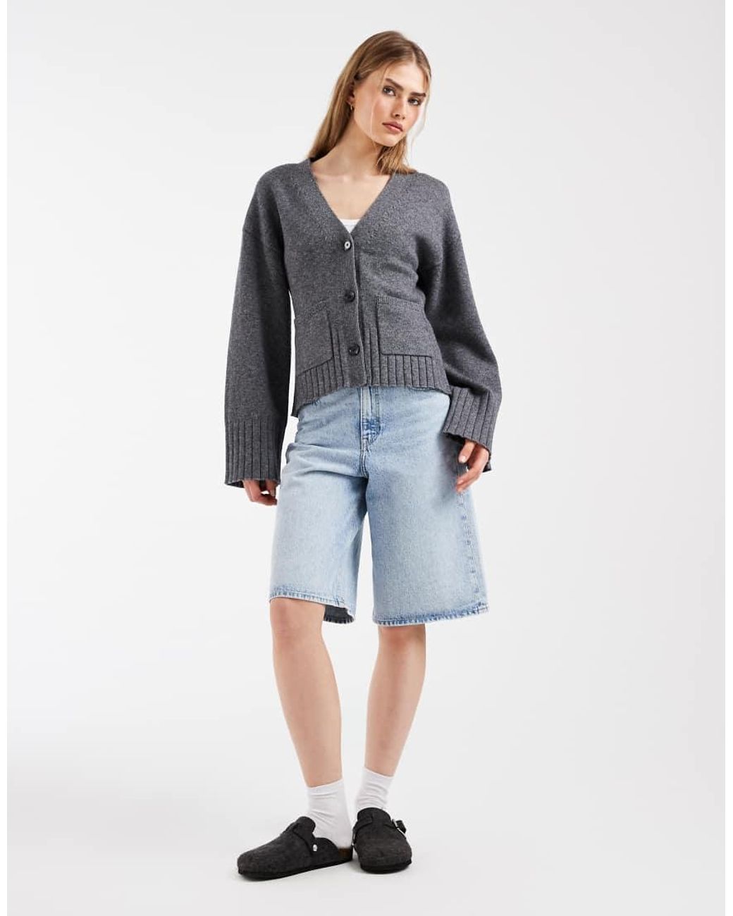 & Other Stories Gray Wool-blend Cardigan With Cinched Waist And Volume Sleeves