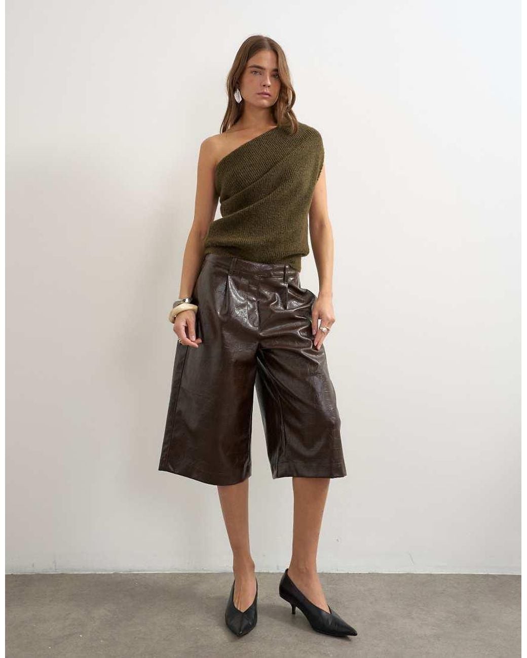 TOPSHOP Green Knitted One Shoulder Draped Top