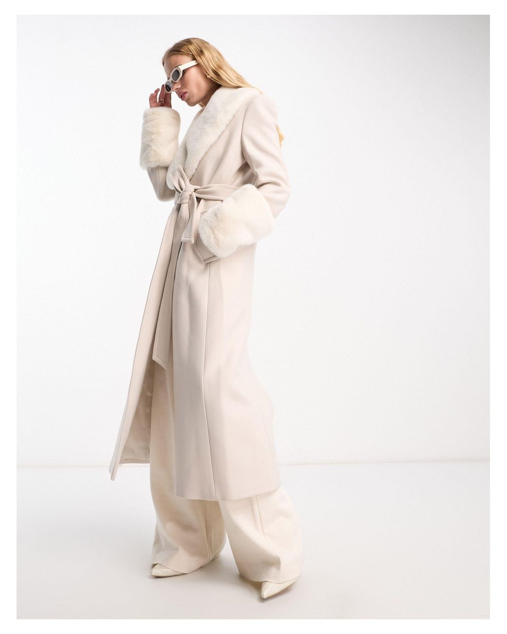 Mango X Camille Longline Faux Fur Collar And Sleeve Tie Up Coat in