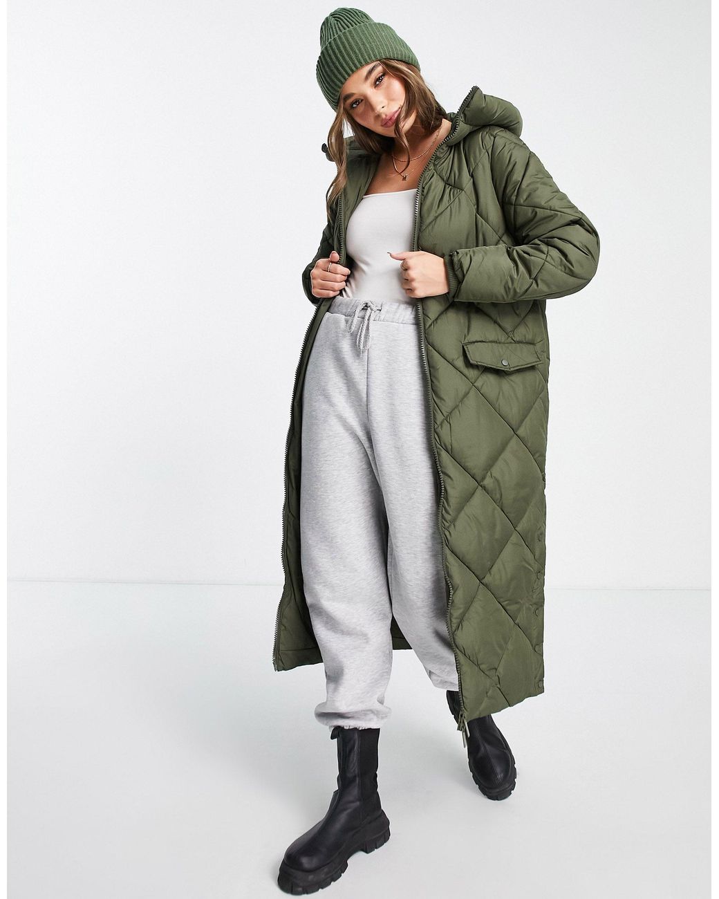 New Look Quilted Longline Puffer Coat in Green | Lyst Canada