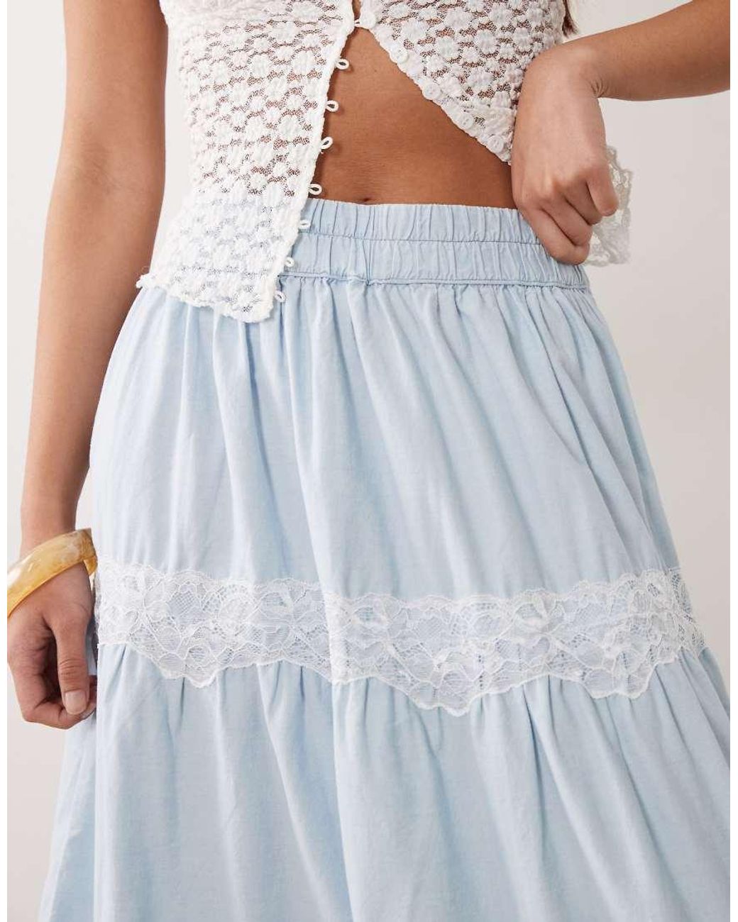 Miss Selfridge Blue Lace Mix Chambray Maxi Skirt