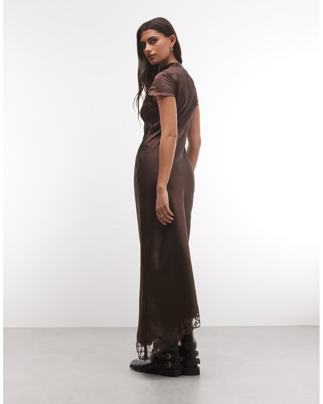 Reclaimed Vintage Brown Mandarin Collar Maxi With Asymmetric Hem