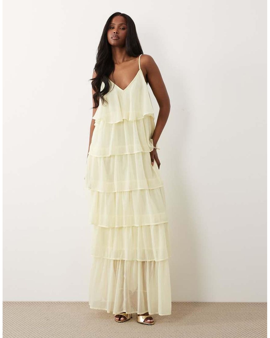 Vila Natural Tiered Ruffle Cami Maxi Dress