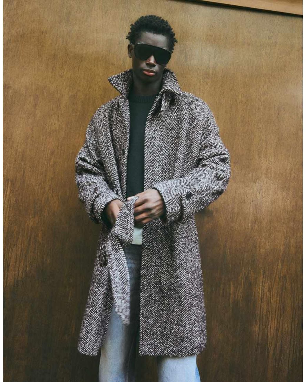 Bershka Green Felt-effect Herringbone Coat With Belt for men