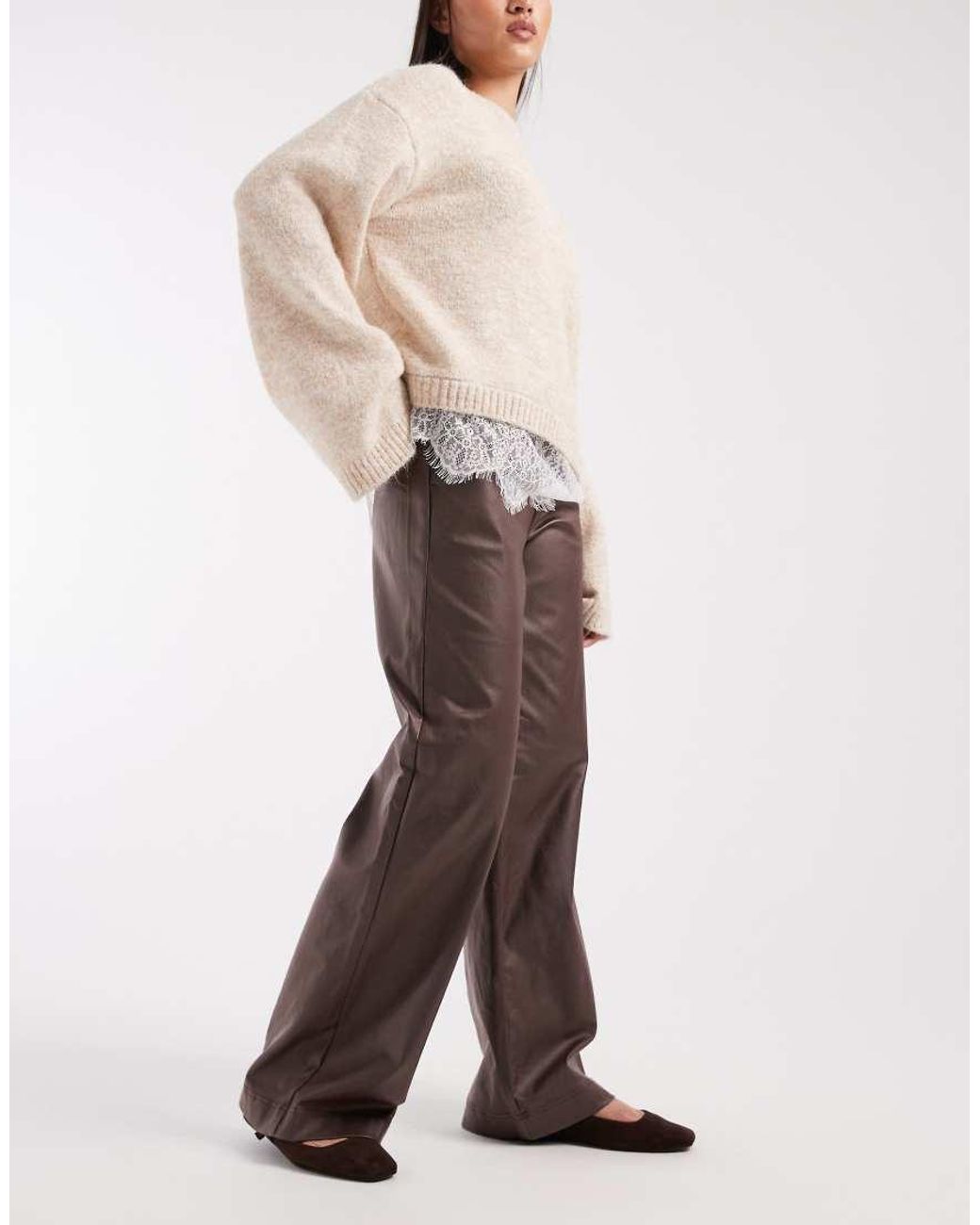 Object Natural Coated Leather-look Wide Leg Trousers
