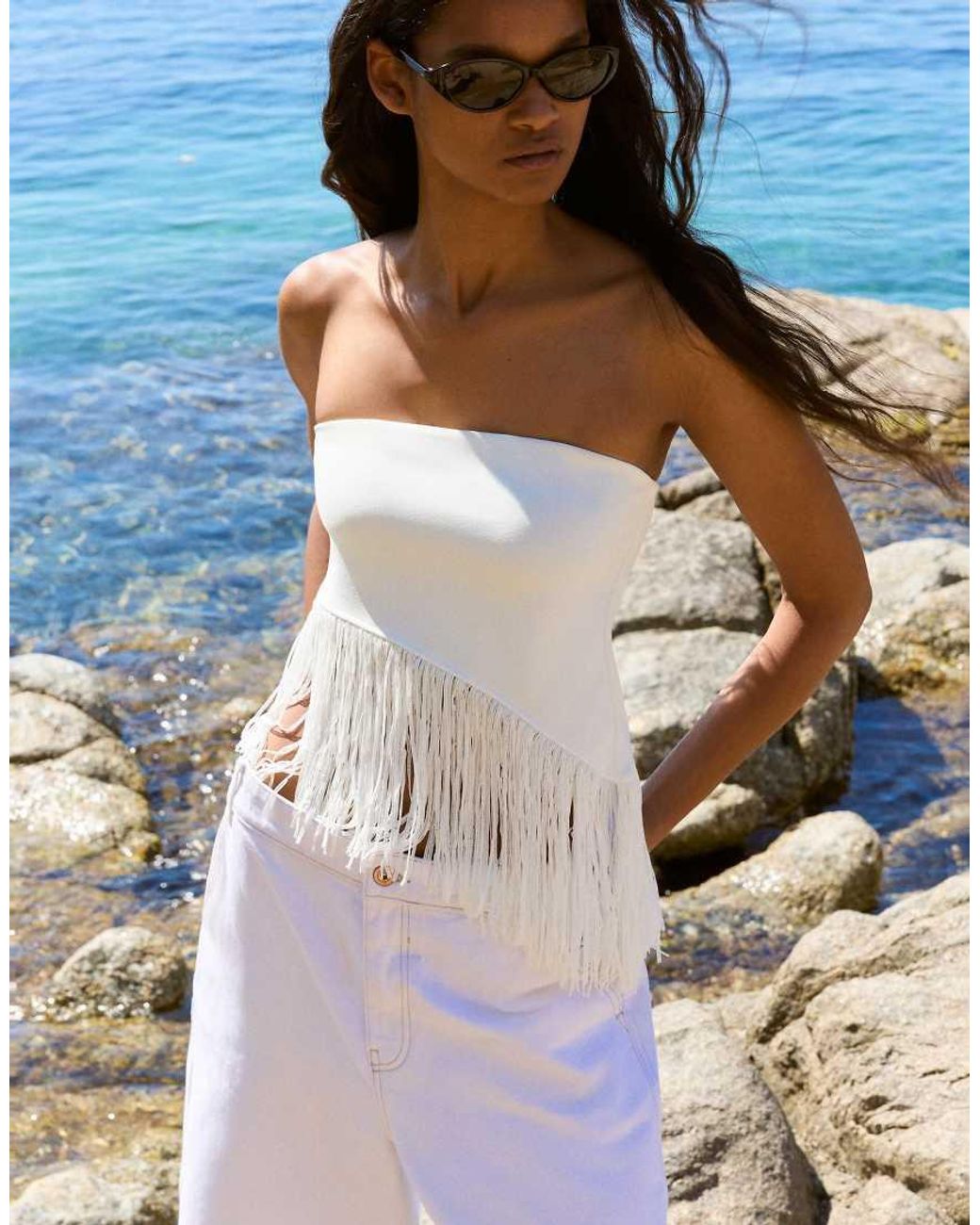 Bershka White Fringed Strapless Top