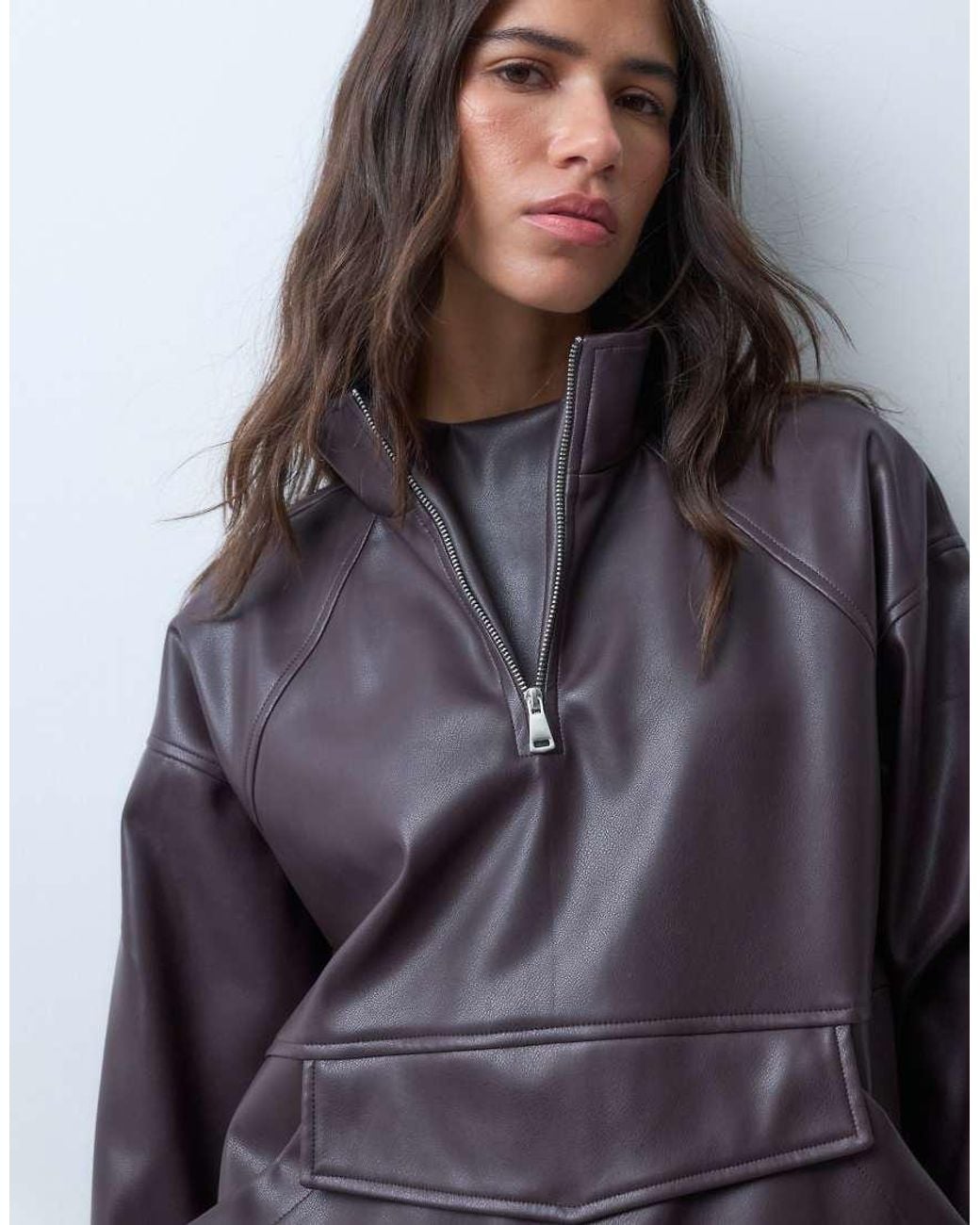 ASOS Brown Faux Leather Quarter Zip Jacket