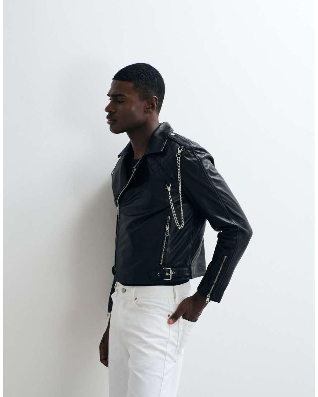 Barney's Originals White Cropped Real Leather Biker Jacket for men