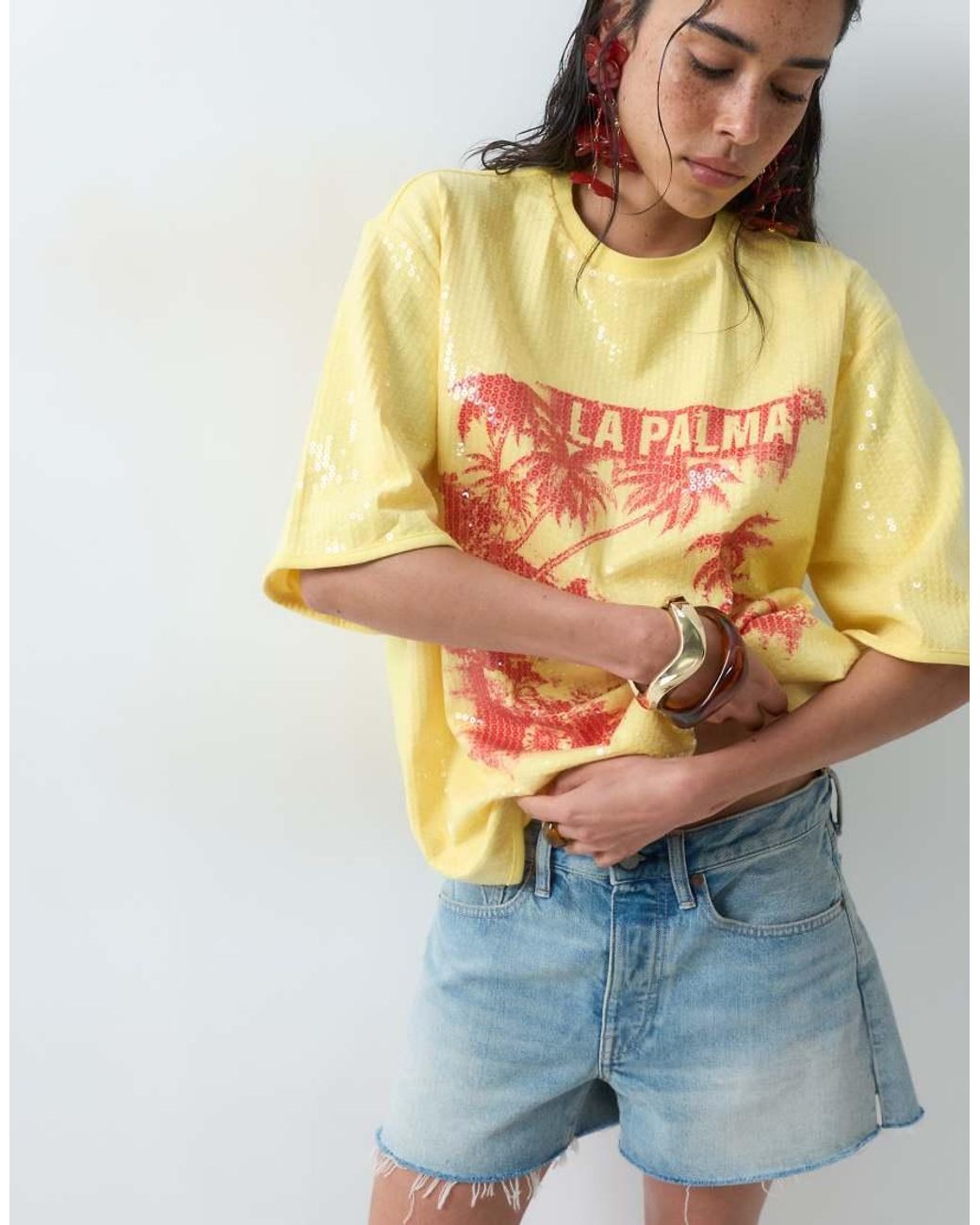 ASOS Natural Oversized Drop Sleeve T-Shirt With La Palma Graphic