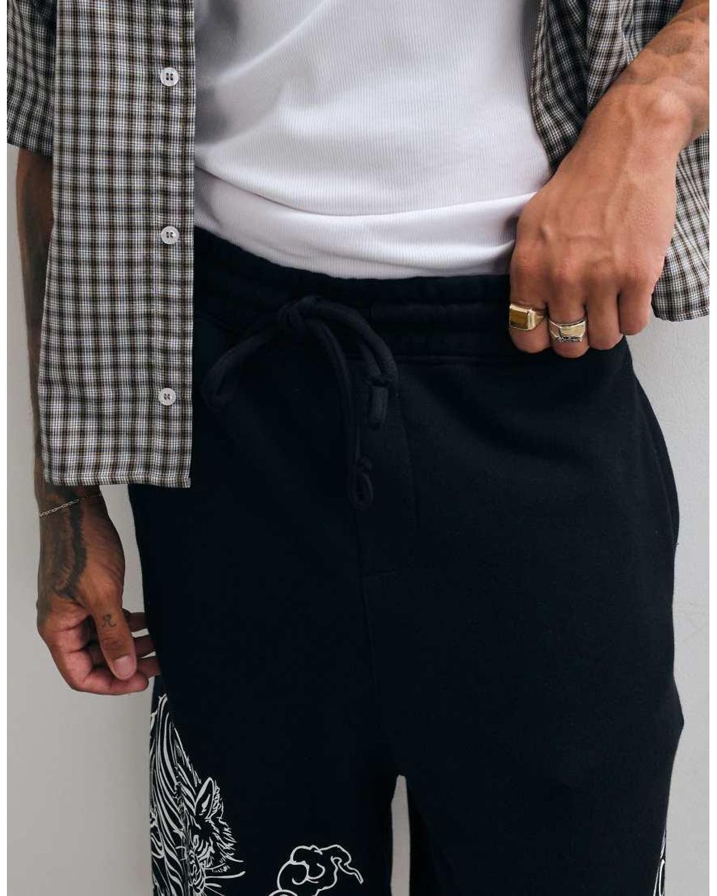 True Religion Black Tiger Graphic Script Loose Fit Fleece Shorts for men