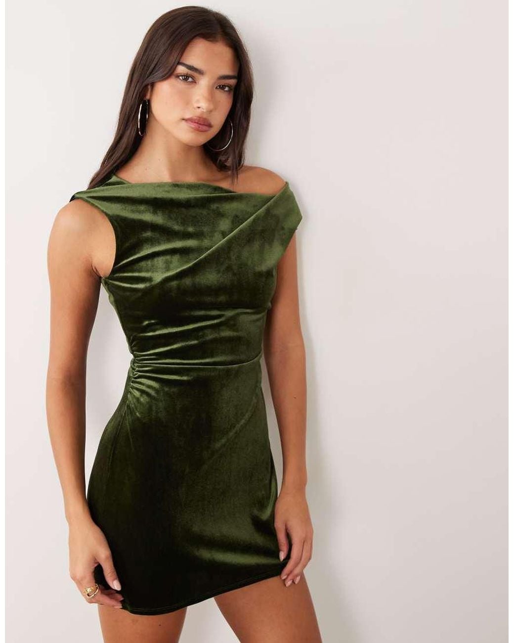 ASOS Green Off The Shoulder Velvet Drape Mini Dress