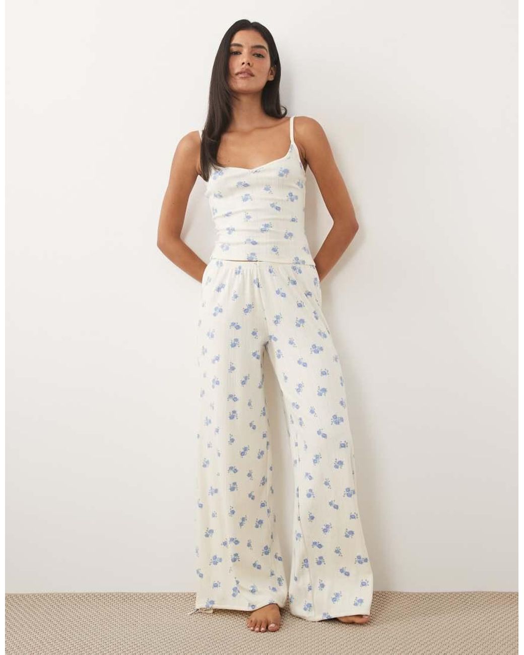 Cotton On White Pyjama Pointelle Longline Cami And Wide Leg Trousers