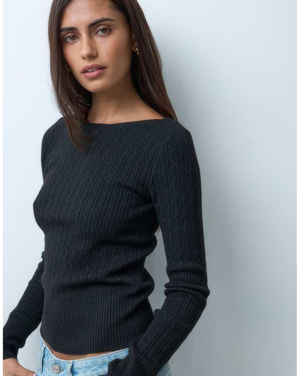 Hollister Blue Fitted Cable Knit Slash Neck Jumper
