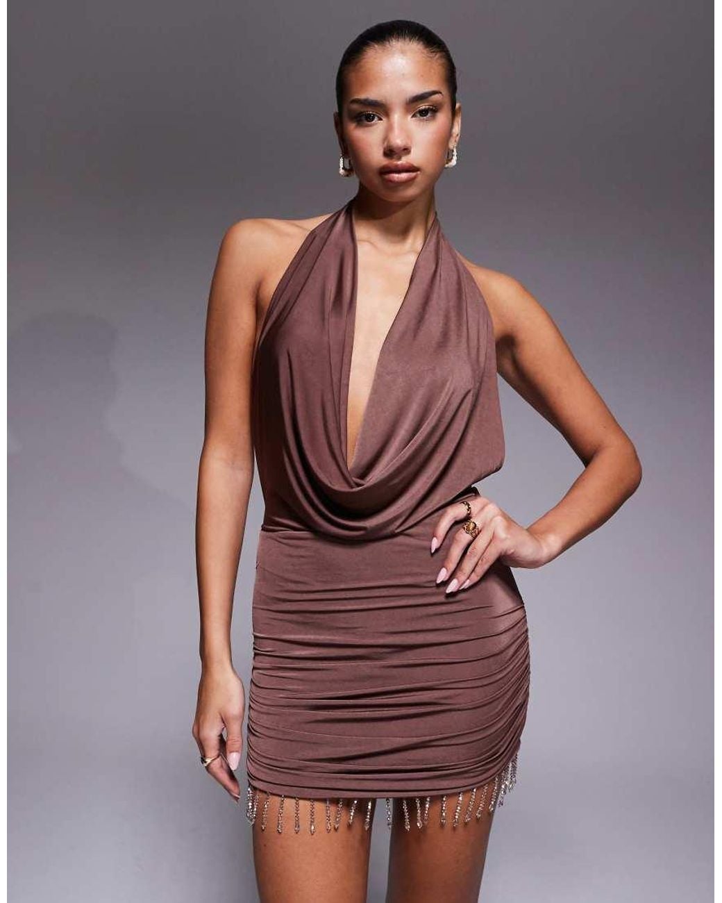 Edikted Brown Bead Fringe Backless Halter Mini Dress