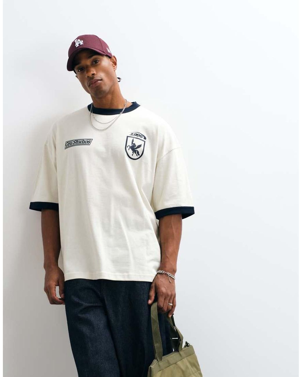 ASOS White Heavyweight Oversized Ringer T-Shirt With Football Graphics for men