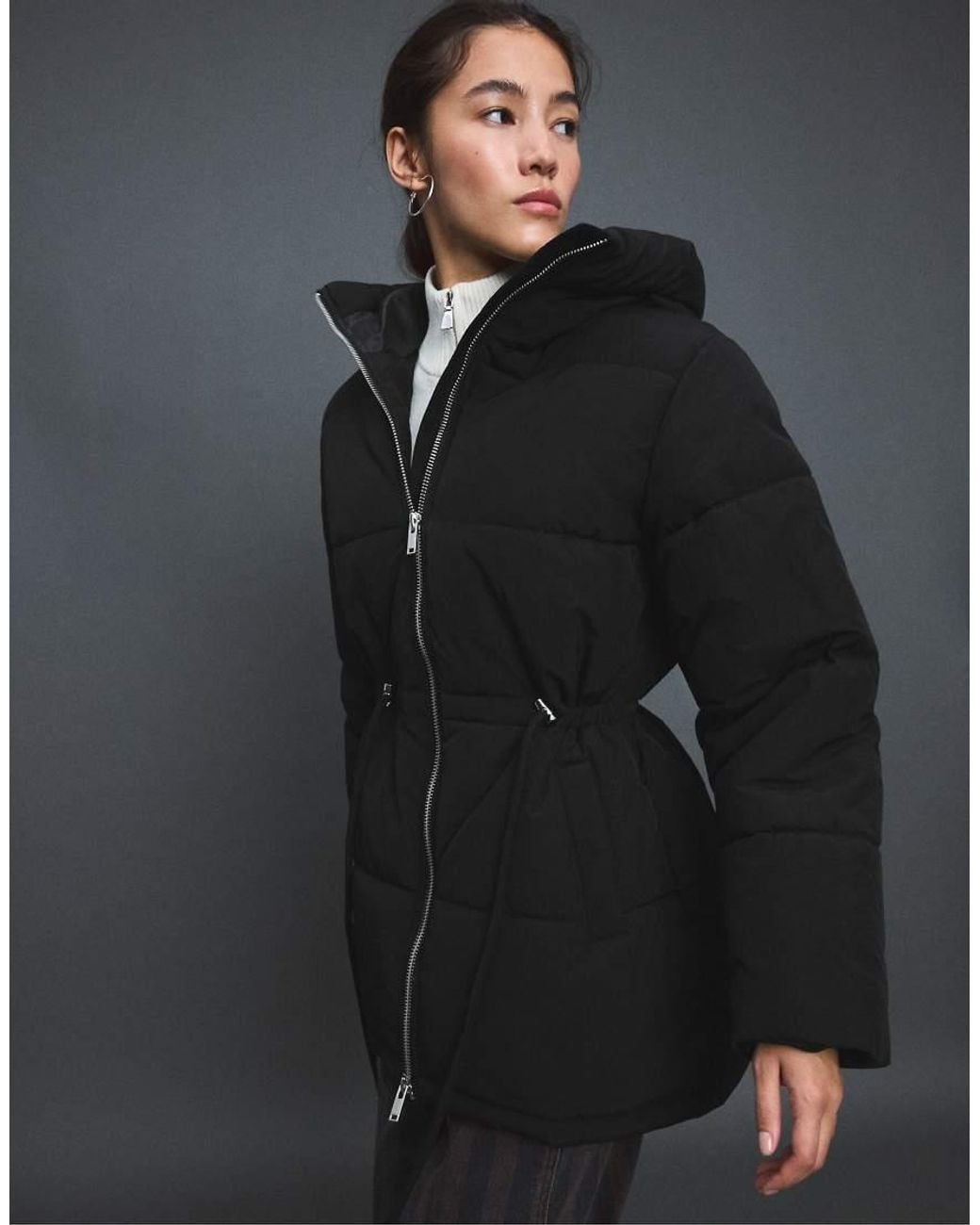 Stradivarius Black Mid-Length Padded Coat