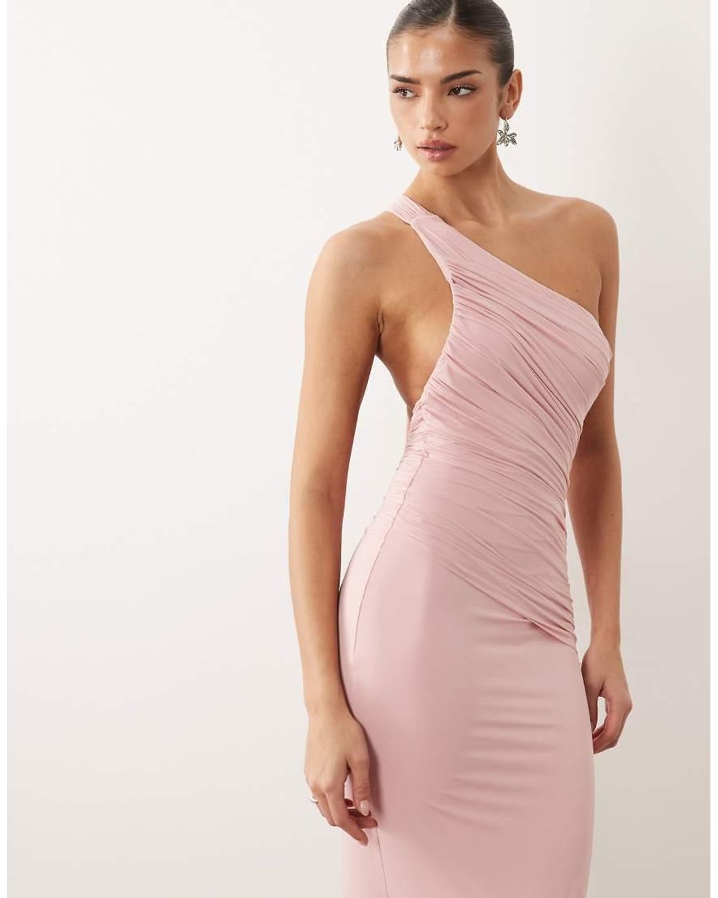 Oh Polly Pink Slinky Draped Detailing One Shoulder Open Tie Back Maxi Dress
