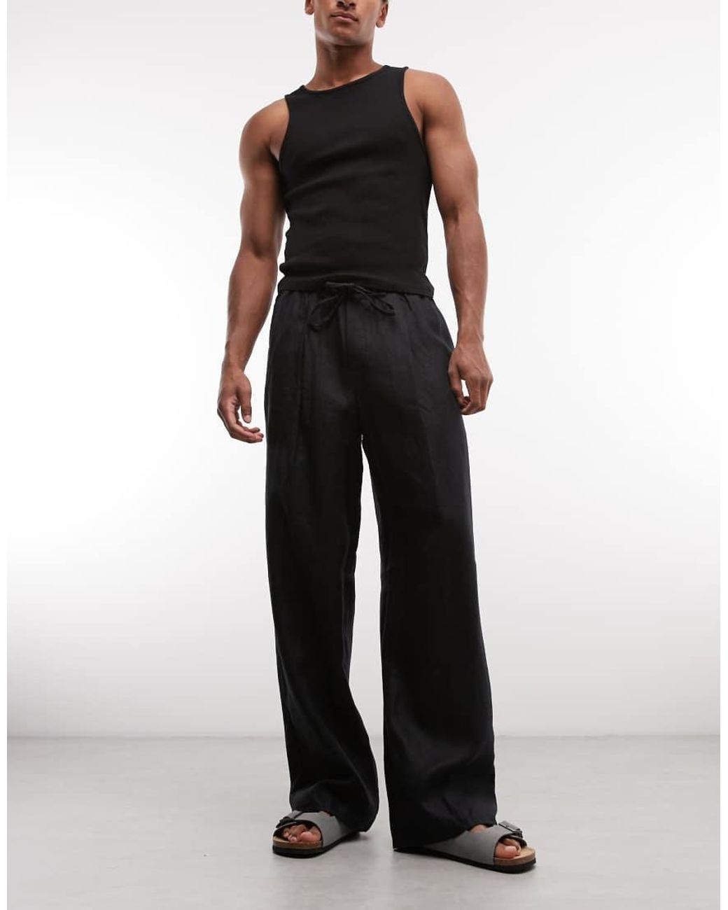 Weekday Black Pull On Linen Trousers for men