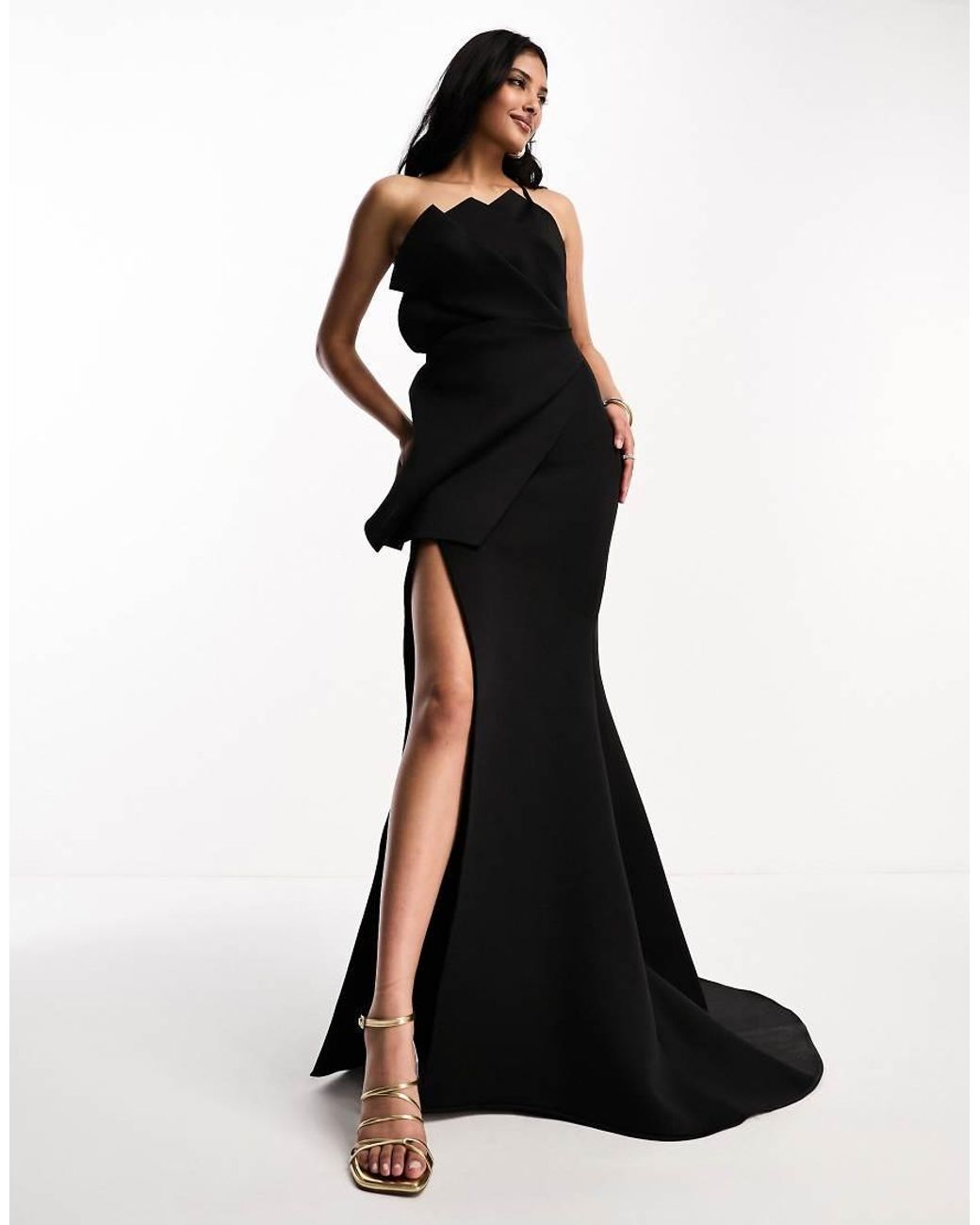 ASOS Black Bandeau Premium Fan Detail Bodycon Maxi Dress With Train