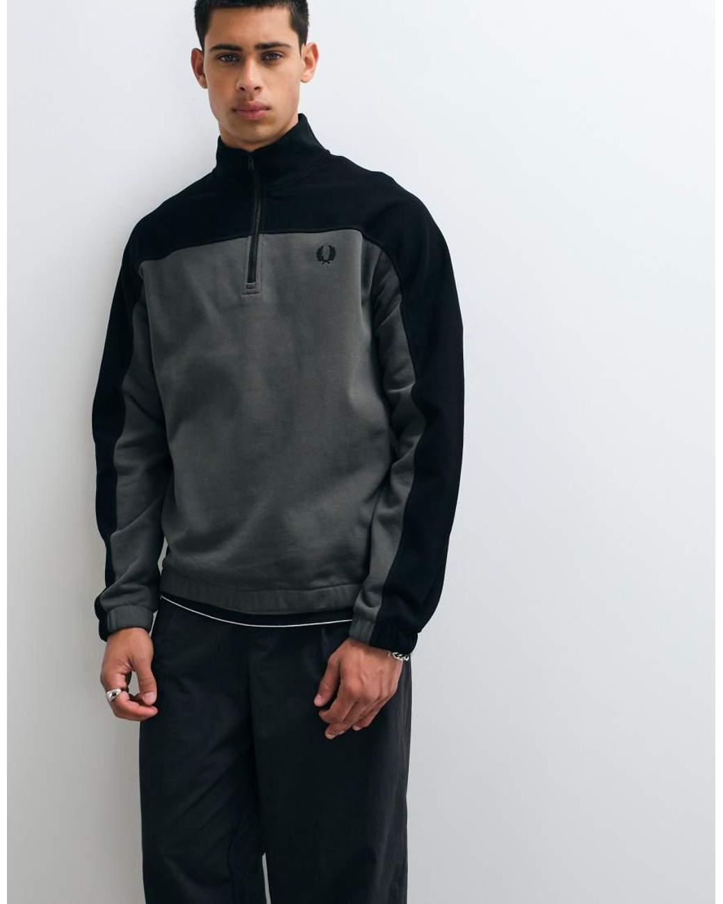 Fred Perry Blue Half Zip Colourblock Sweatshirt for men