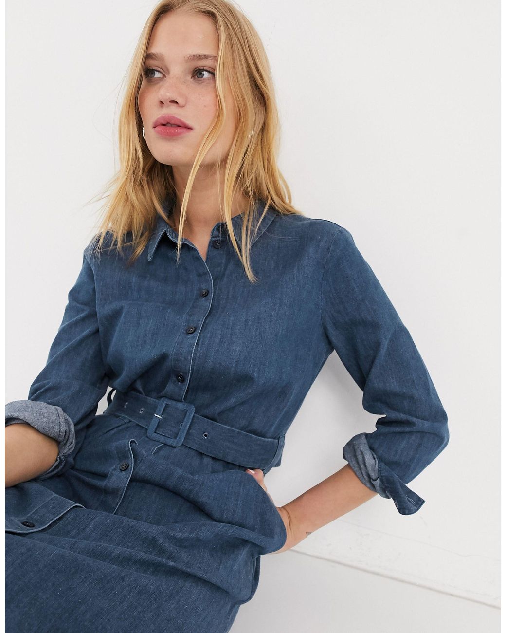 Denim Button Through Belted Shirt Dress 