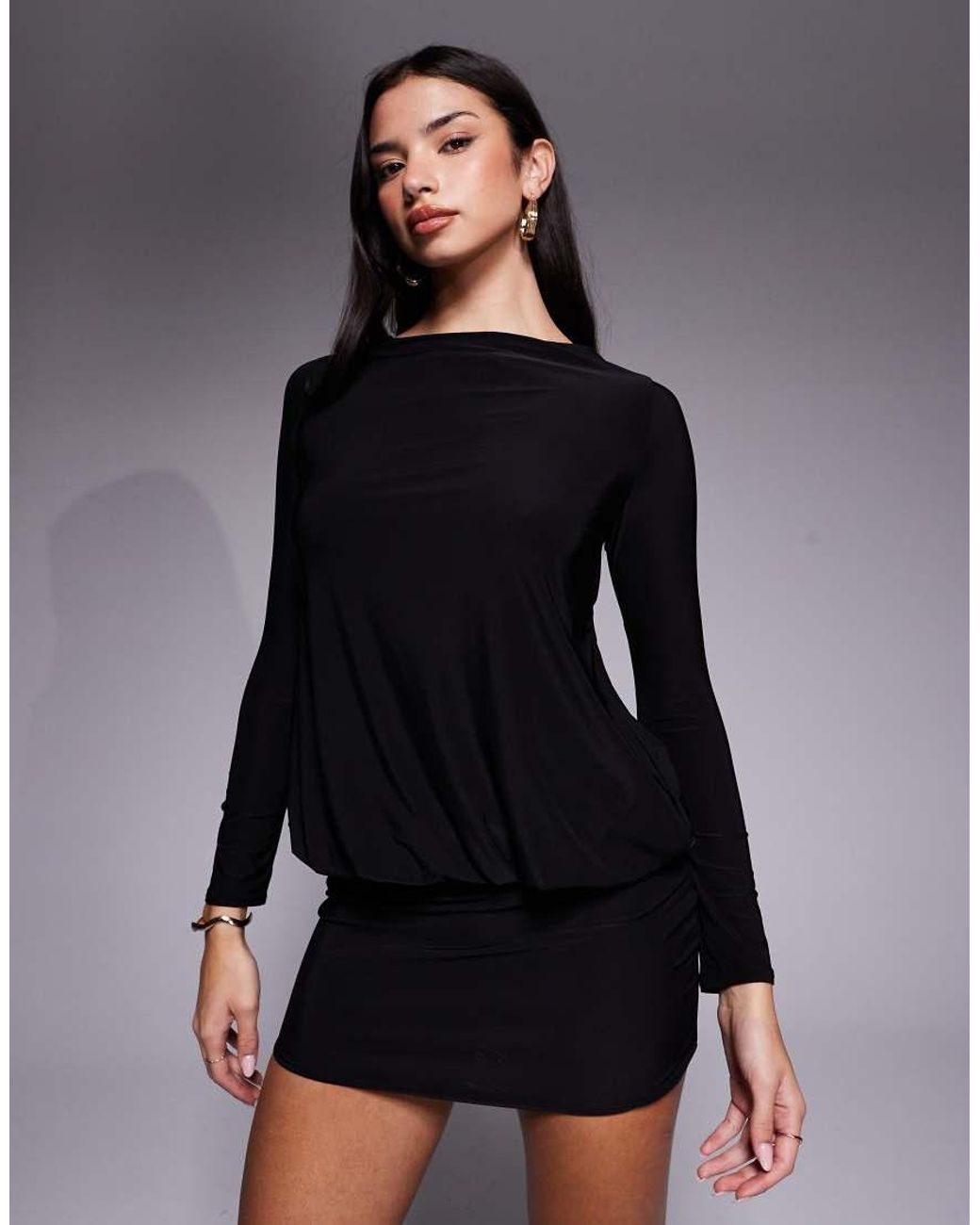 Fashionkilla Black Exclusive Double Sculpted Slinky Long Sleeve Fold Over Waist Detail Open Tie Back Mini Dress
