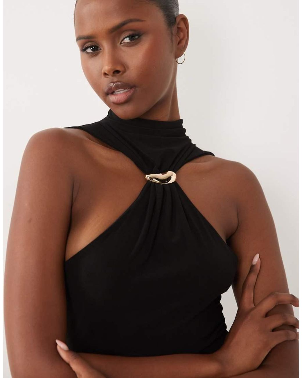 ASOS Black Hardware Detail High Neck Cutaway Slinky Maxi Dress