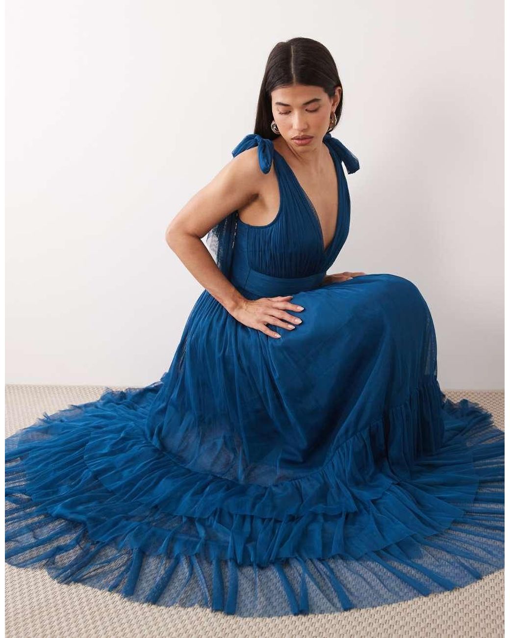 LACE & BEADS Blue L Madison Tulle Bow Shoulder Plunge Neck Maxi Dress