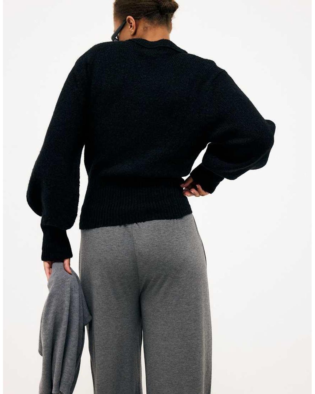NA-KD Black Wool Blend Balloon Sleeve Knitted Sweater