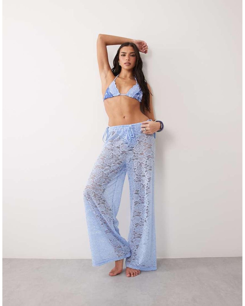 South Beach Blue Sequin Triangle Bikini Top With Lace Detail