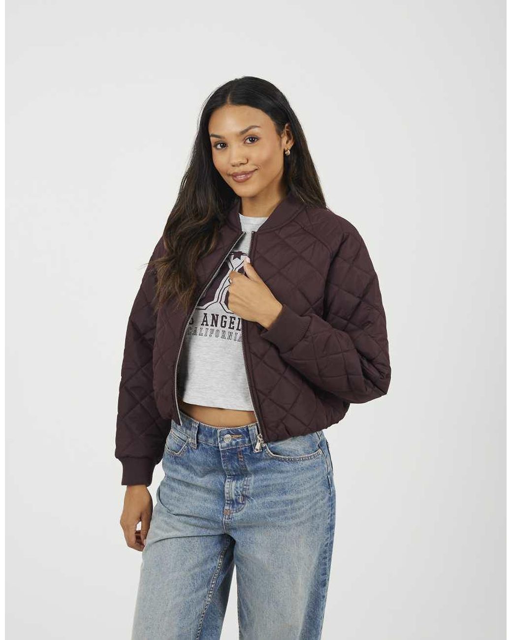 Brave Soul Blue Diamond Quilted Bomber Jacket