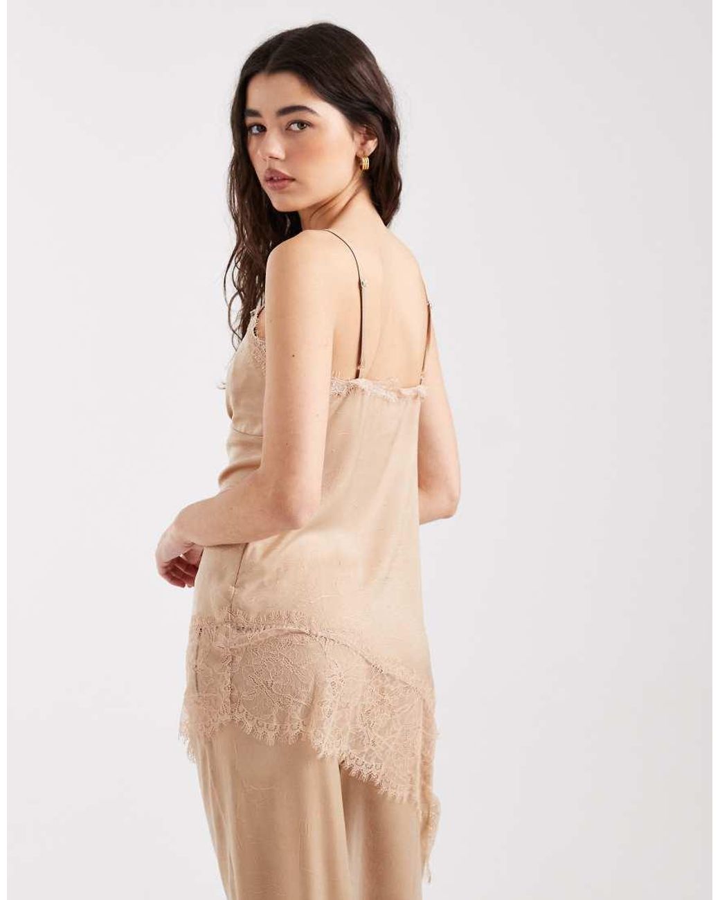 ASOS Natural Crushed Satin Asym Hem Lace Trim Cami