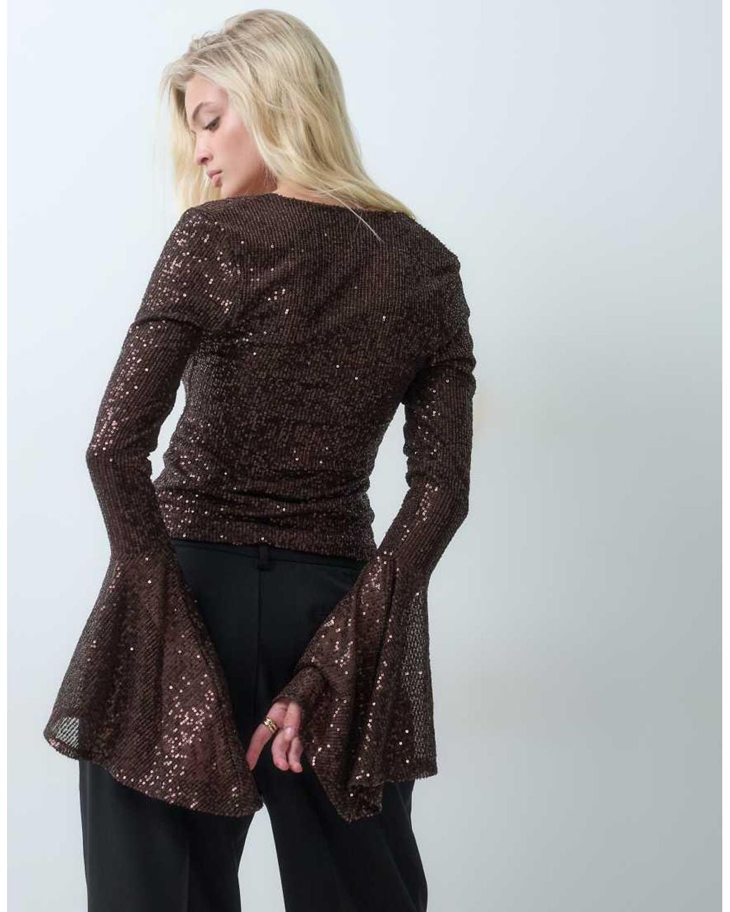 ASOS Gray V Front Angel Sleeve Sequin Top