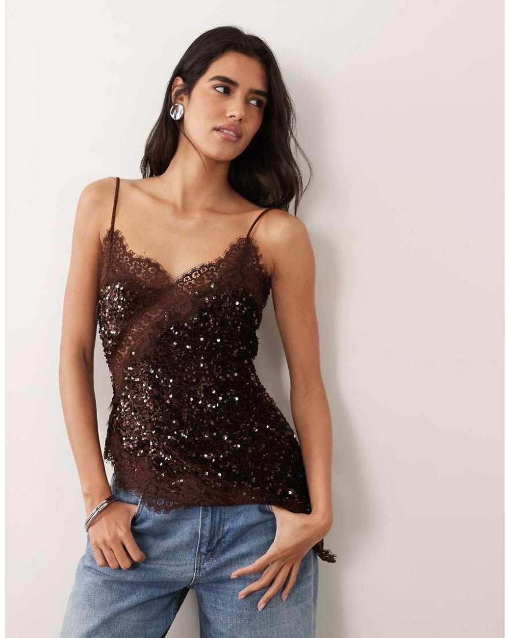 Pieces Blue Asymmetric Lace Trim Sequin And Velvet Cami Top