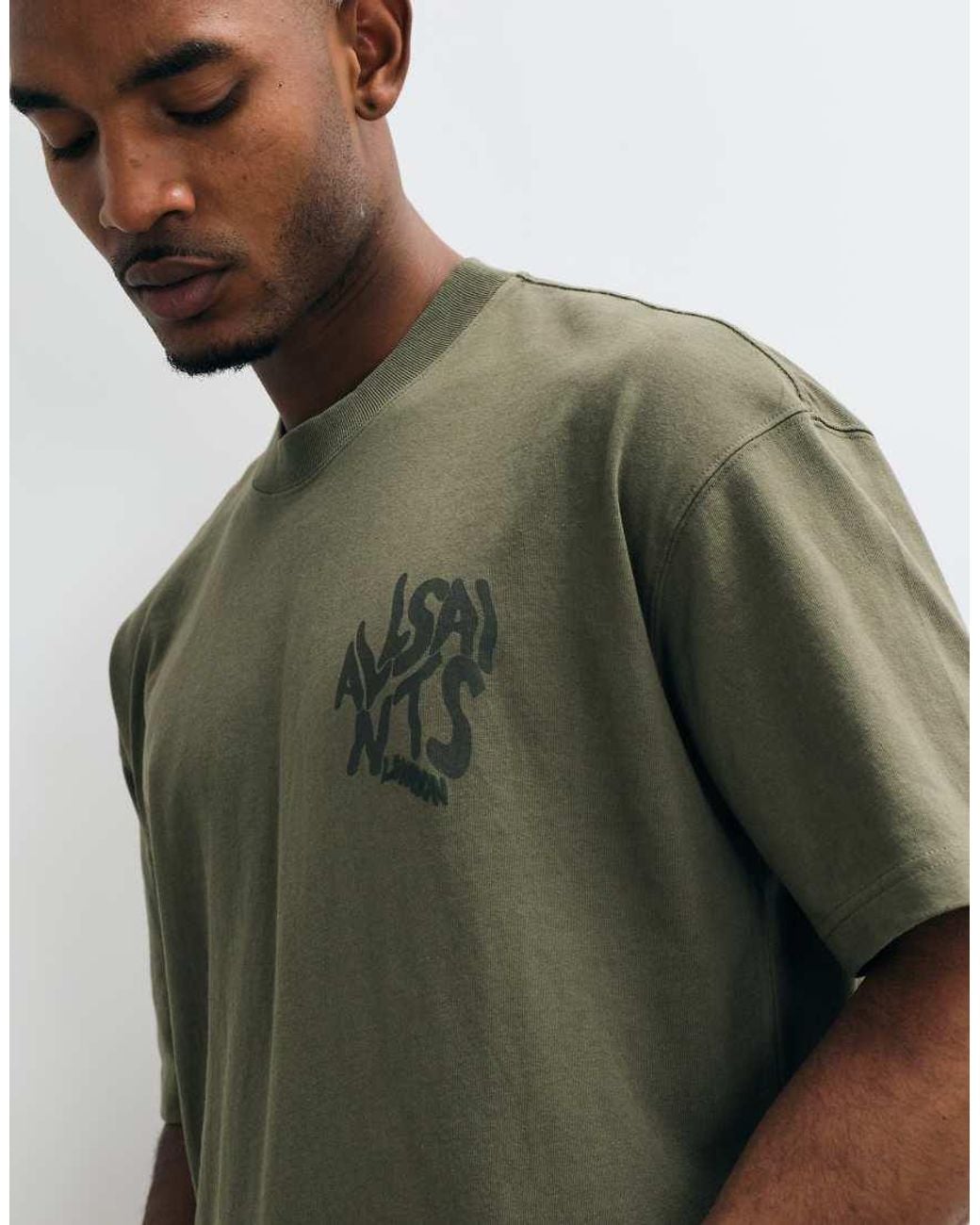 AllSaints Green Orlando Short Sleeve Graphic Logo T-Shirt With Back Print for men