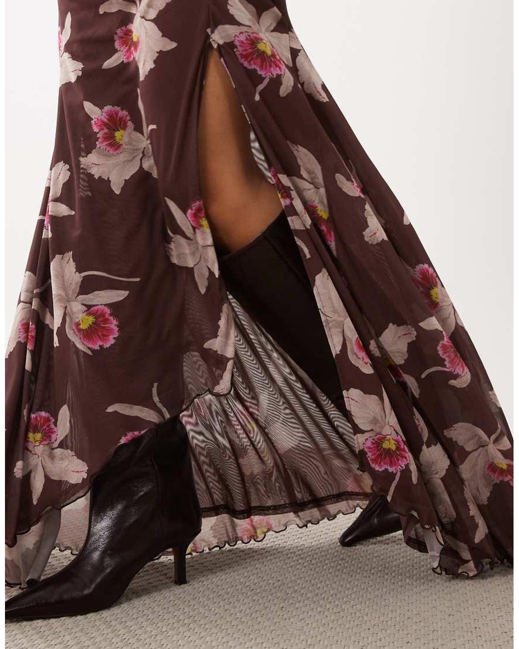 ASOS Brown Co-Ord Printed Mesh Split Hank Hem Maxi Skirt
