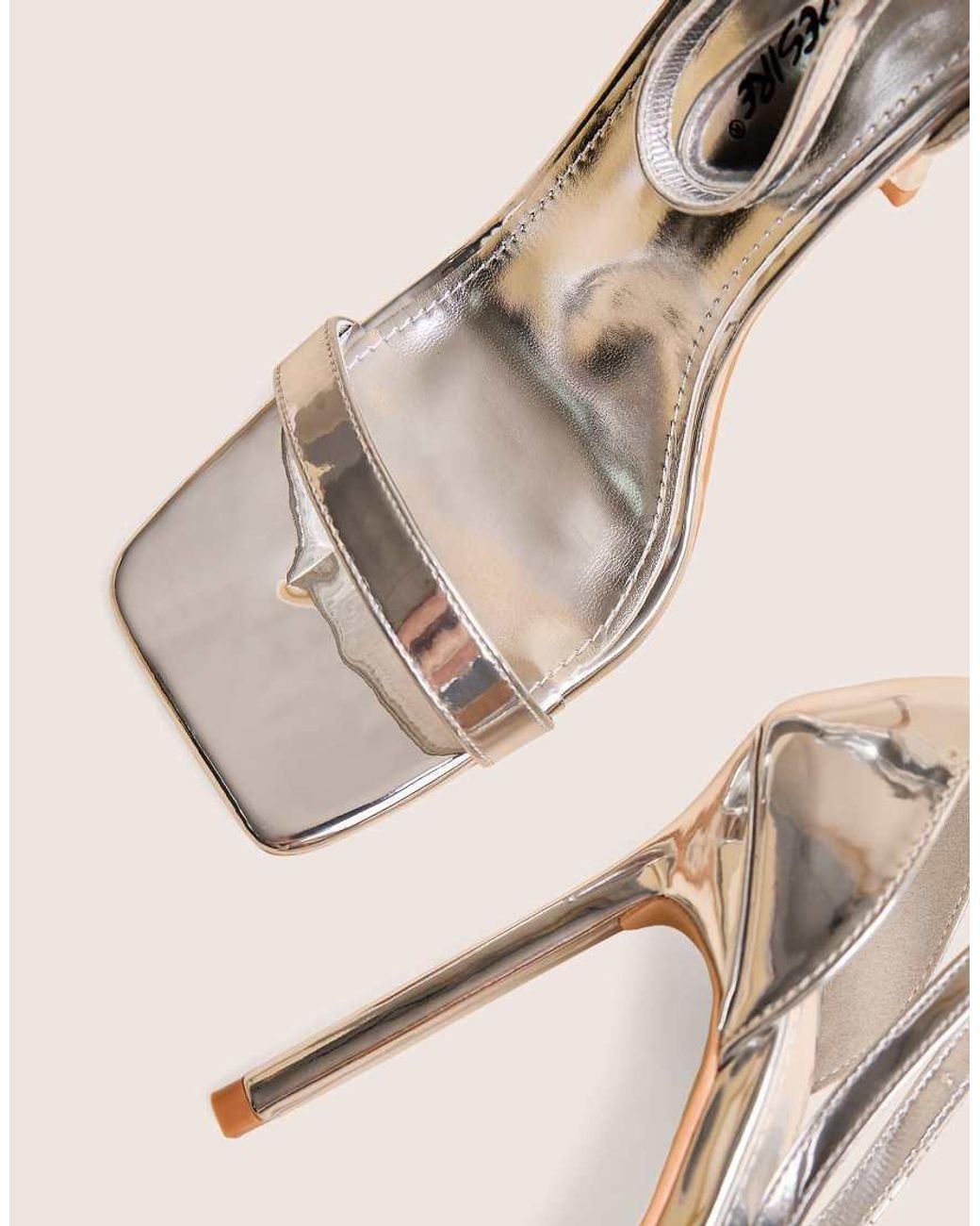 Public Desire Brown Chaos Silver Square Toe Strappy Barely There Stiletto Heel