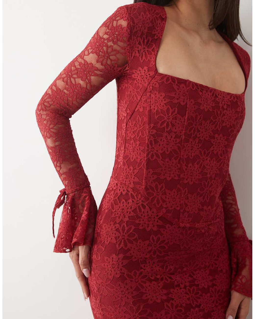 Wanderdoll Red Juliette Lace Square Neck Flare Sleeve Maxi Dress