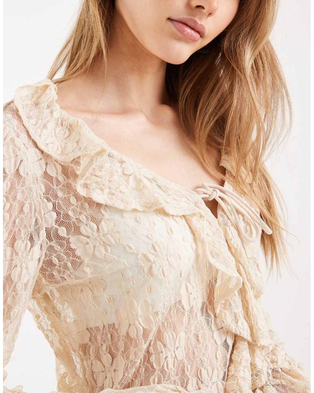 ONLY Natural Long Sleeve Lace Top Co-ord With Ruffle Detail
