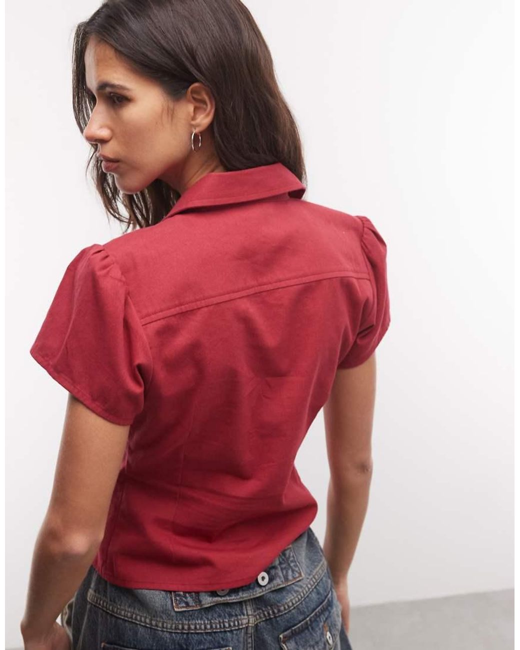 Collusion Red Heavy Twill Fitted Cap Sleeve Shirt