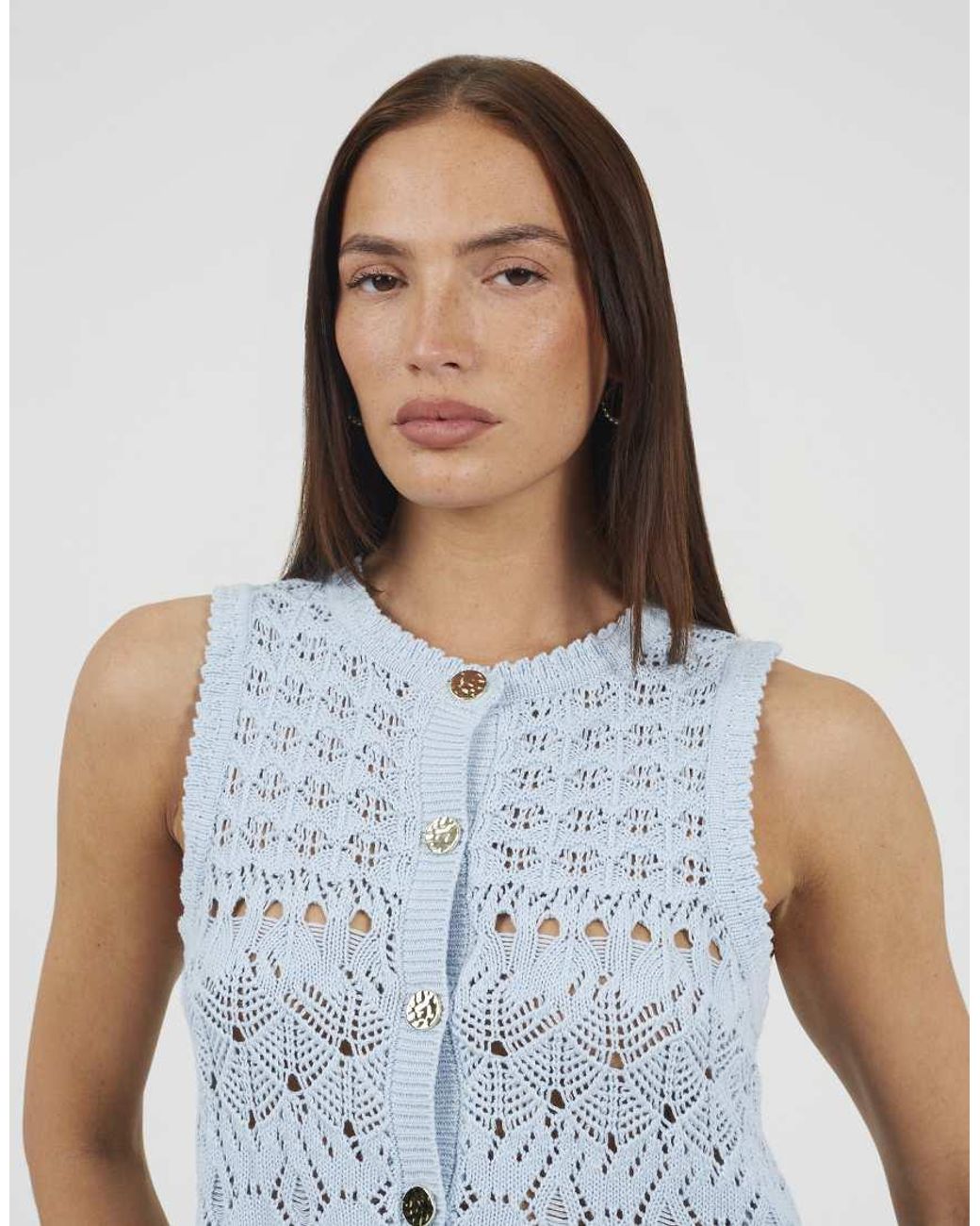 Brave Soul Blue Pointelle Knit Waistcoat With Frill Hem