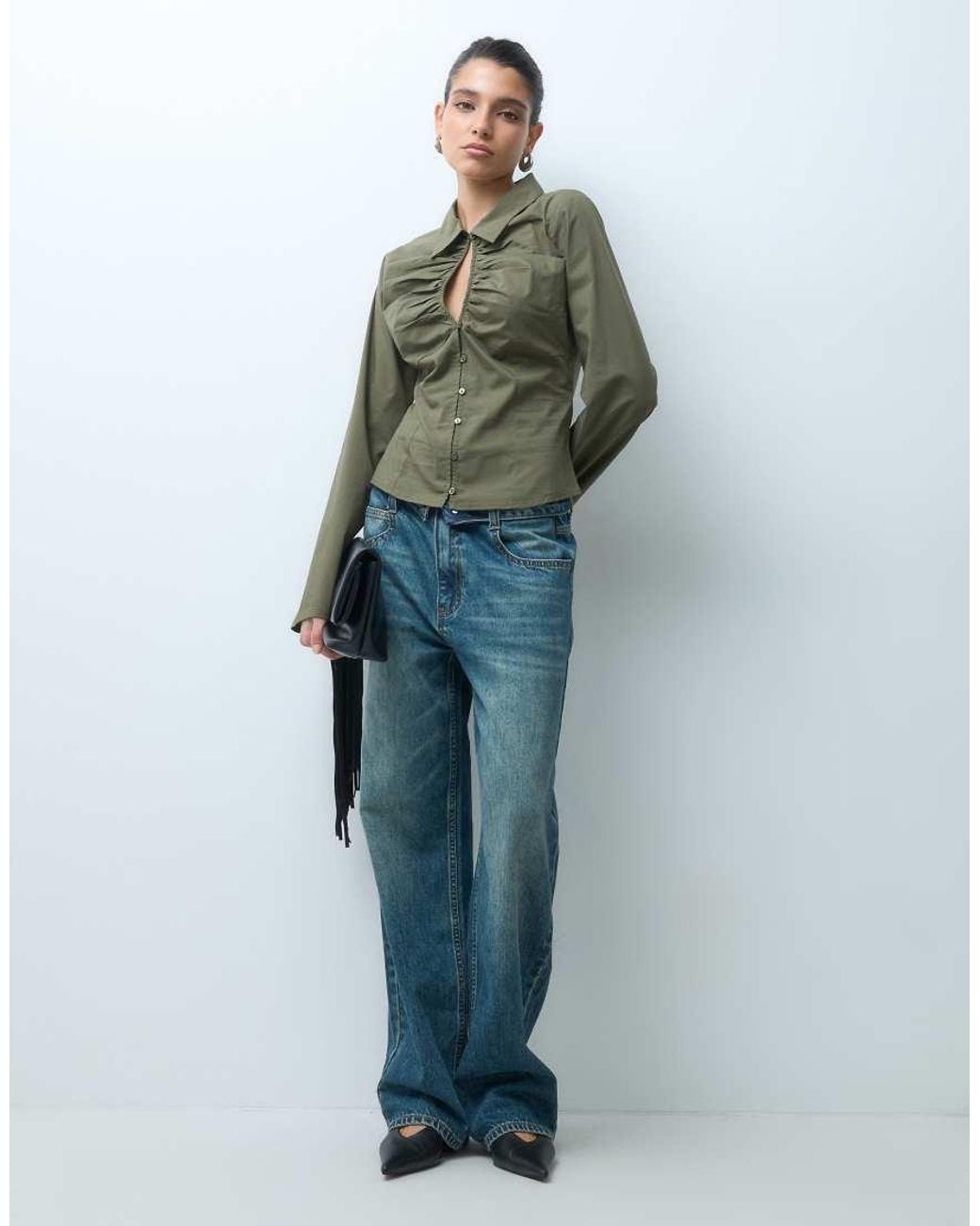 Gina Tricot Green Keyhole Cinched Waist Long Sleeve Shirt